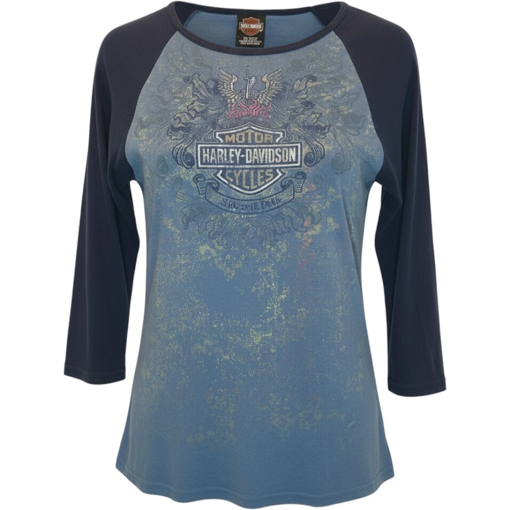 Harley-Davidson Womens Blue Raglan 3/4 Sleeve Graphic T-Shirt Sound HD Large